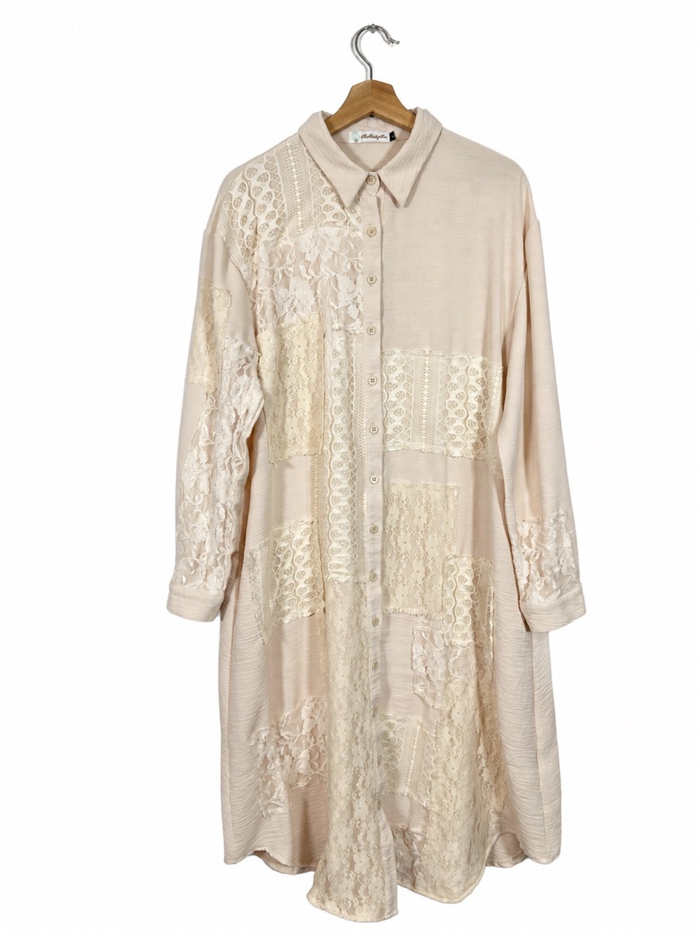 Boho Lace Patchwork Shirt Dress Large Cream Cottagecore Romantic Lagenlook Chic